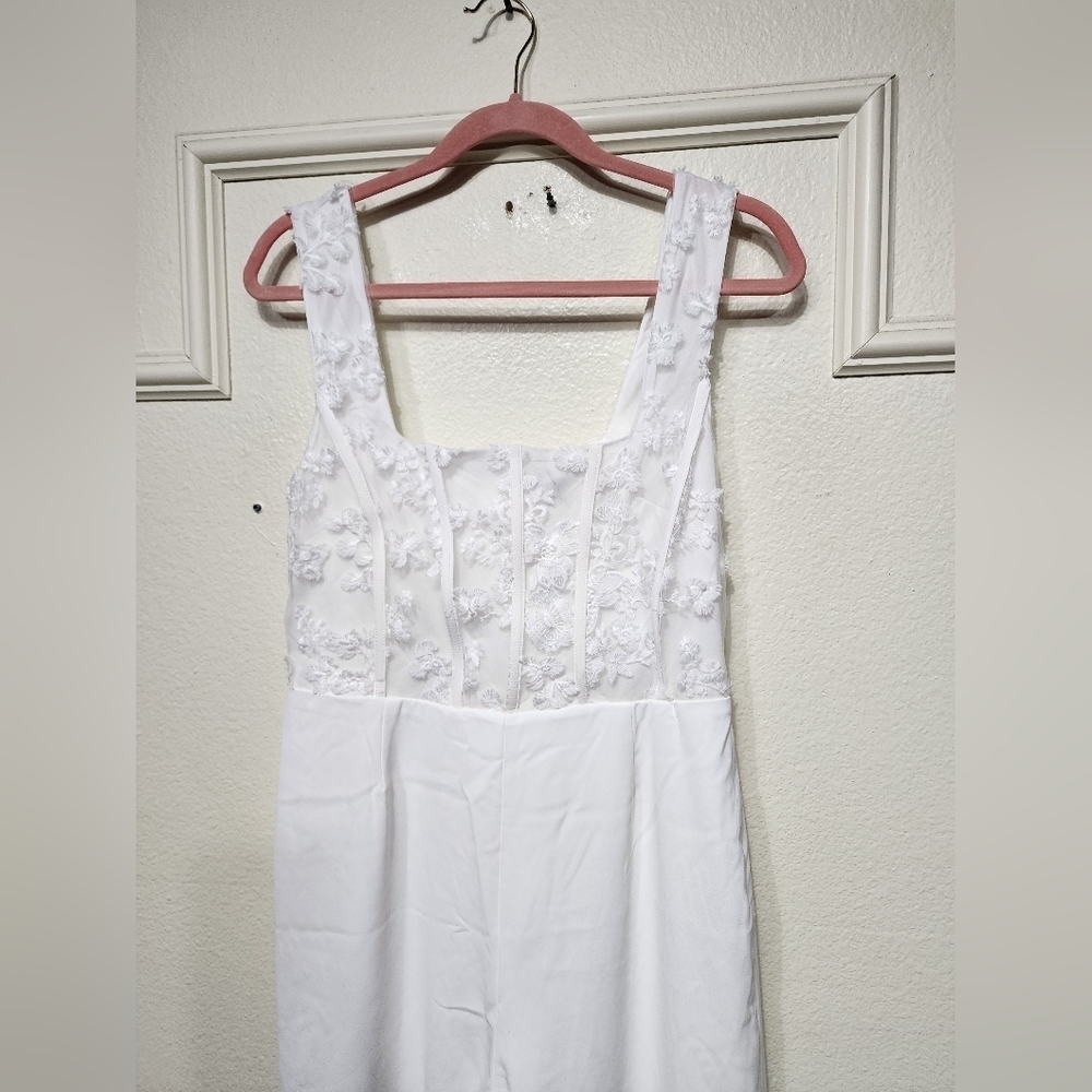 Lulus Truly Profound White Mesh 3D Floral Embroidered Bustier Jumpsuit M Wedding - Picture 7 of 10